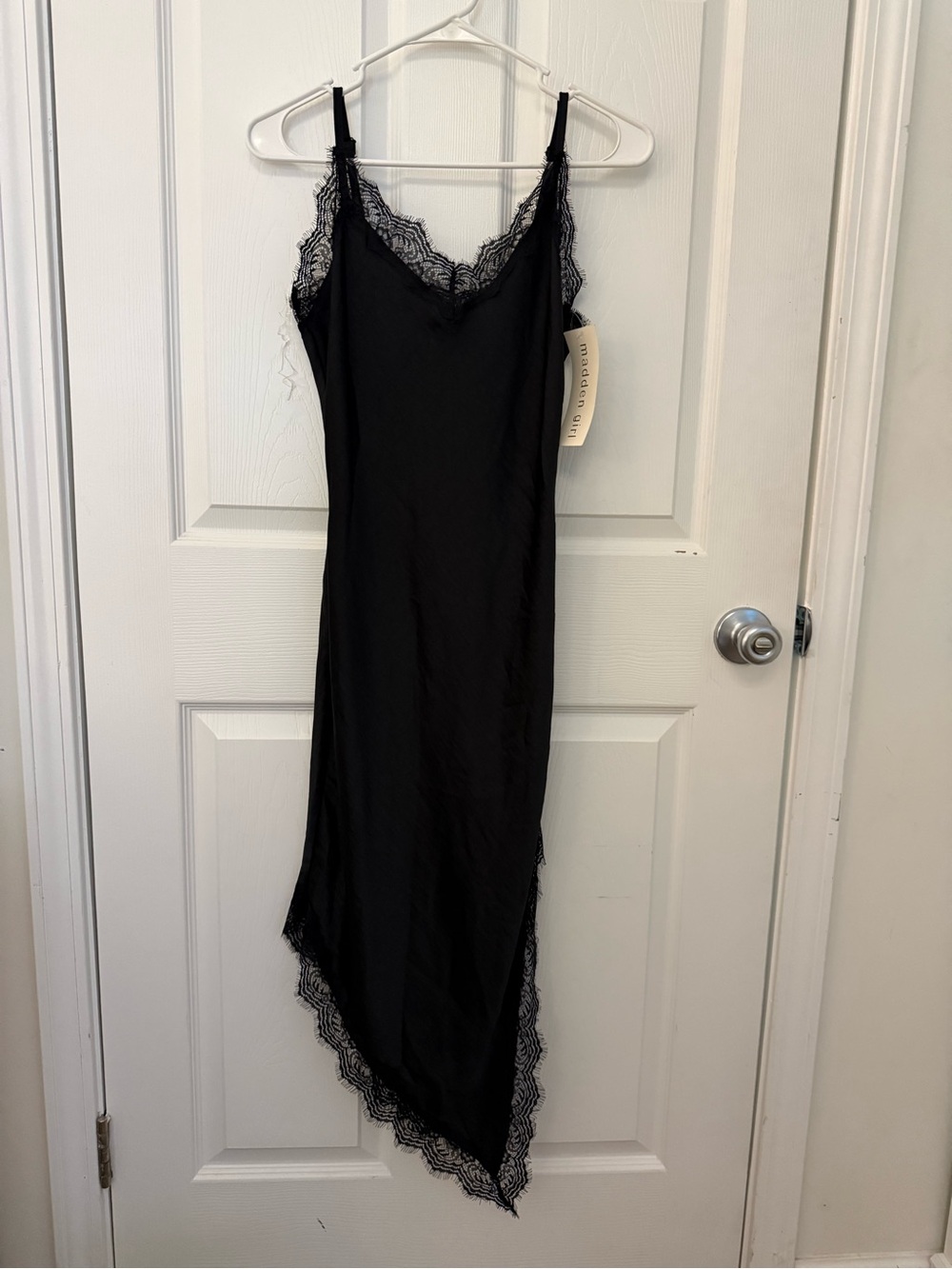 Steve Madden Black Lace-Trim Asymmetric Slip Dress